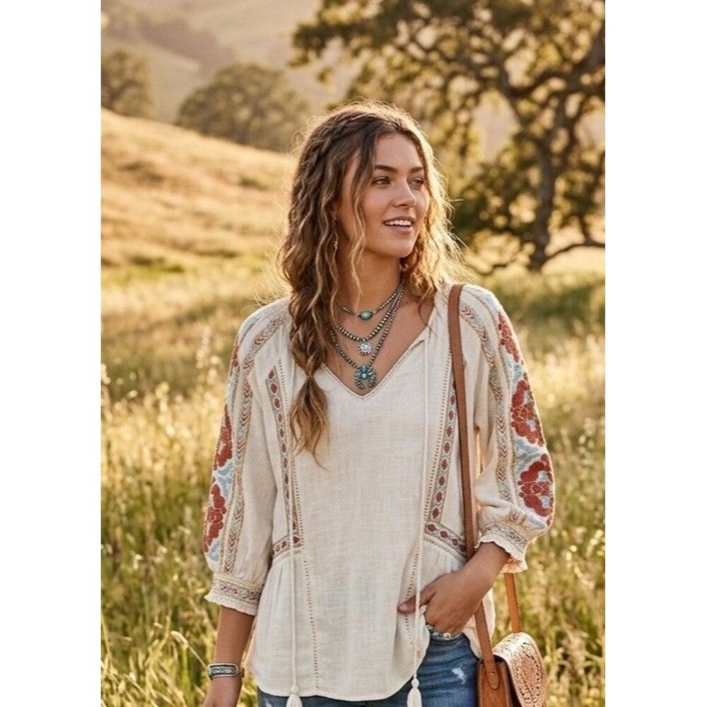 Hummingbird size M flax linen blend embroidered peasant fed all boho western top